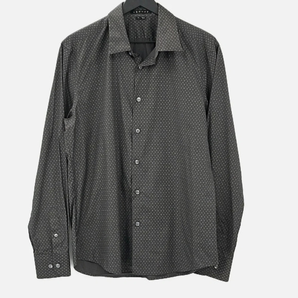 Theory Kale NP Long Sleeve Button Front MIcro Print Shirt in Gray & White - LG - Picture 1 of 6